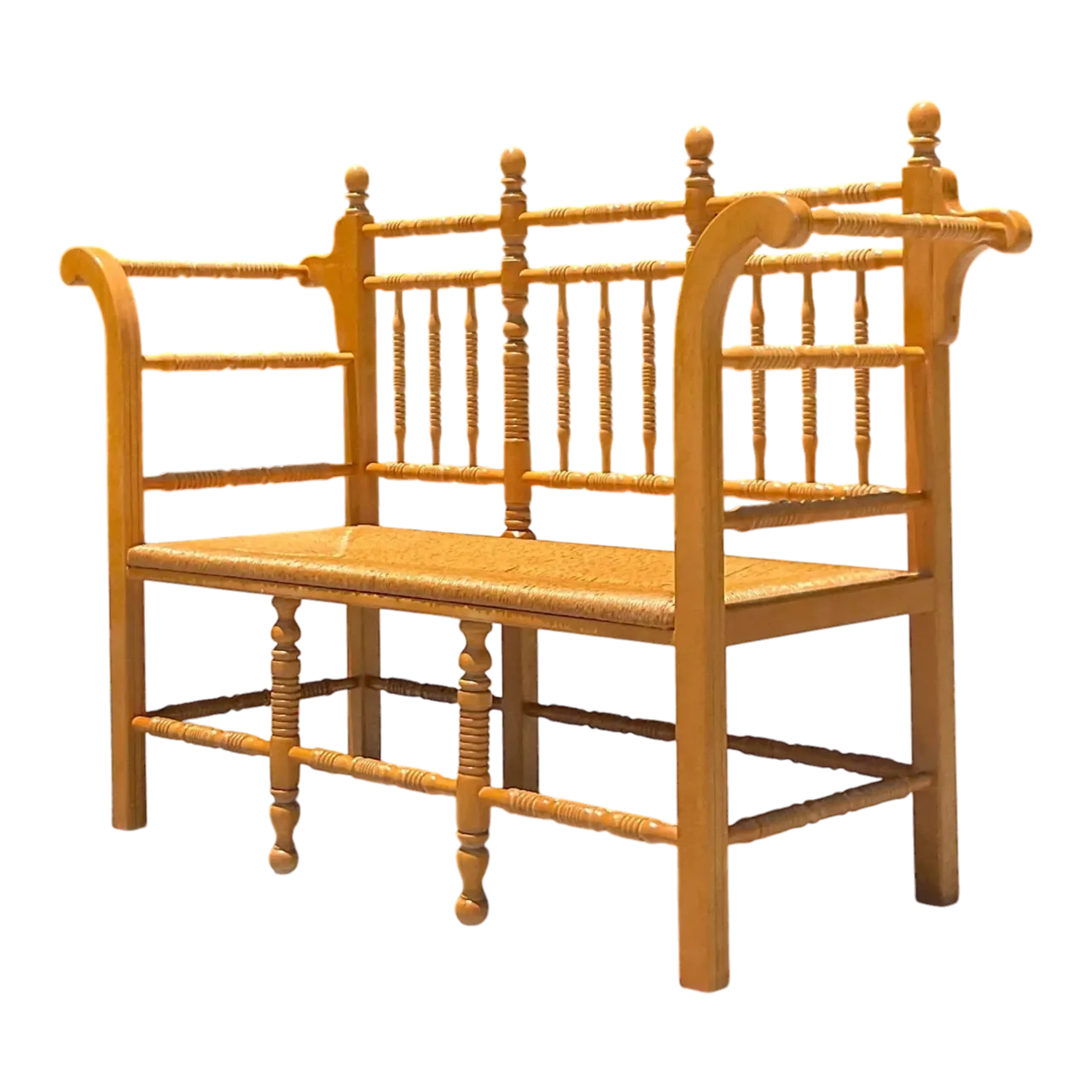 Vintage Boho Turned Wood Spindle Bench