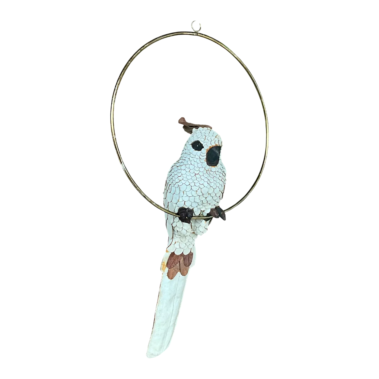 Vintage Boho White Hand Crafted Leather Cockatoo on Brass Swing
