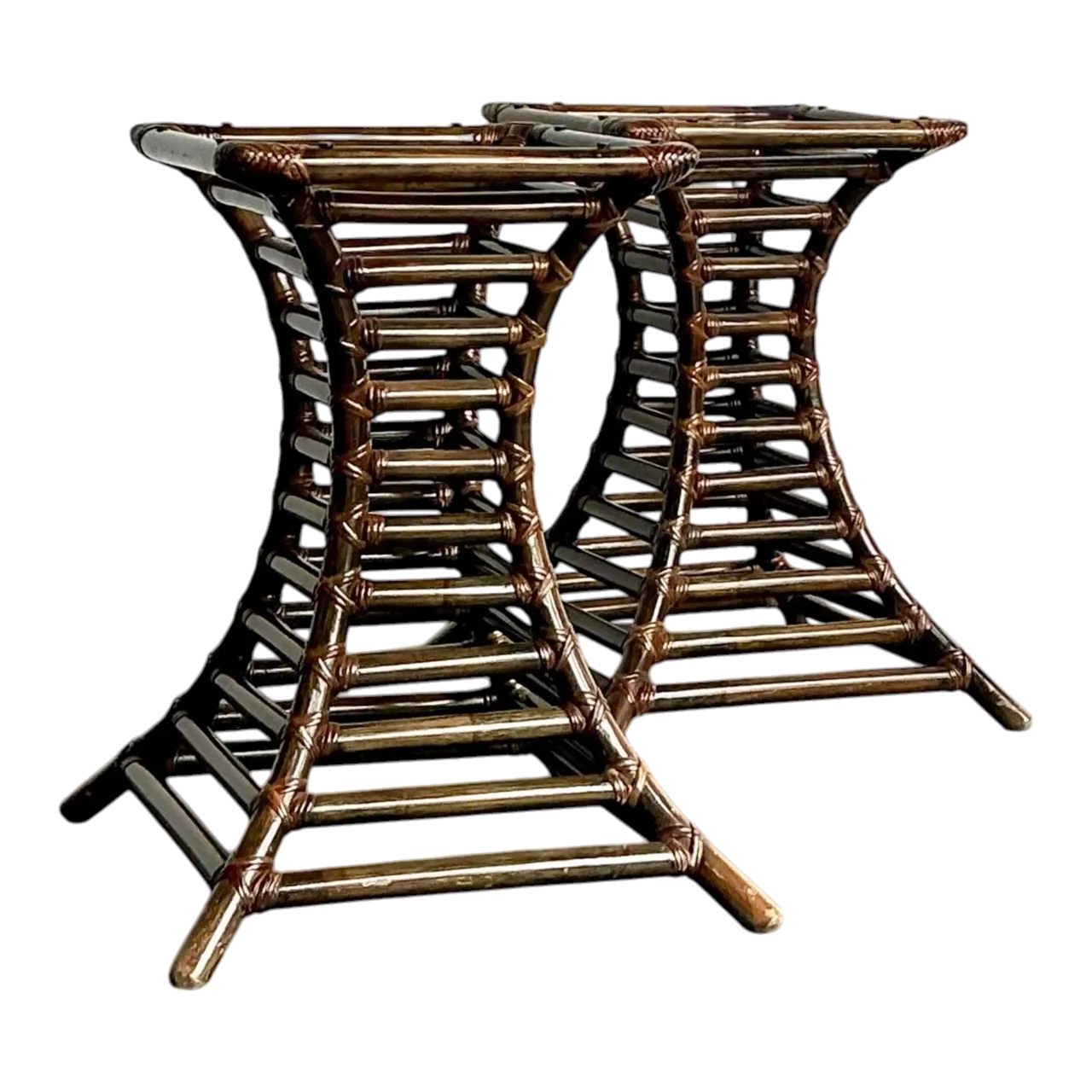 Vintage Boho Willow and Reed Stacked Rattan Table Pedestals - A Pair