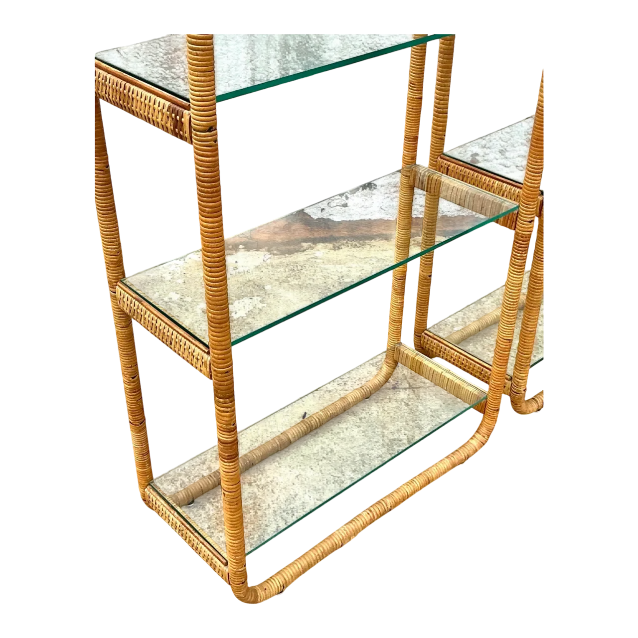 Vintage Boho Wrapped Rattan Etagere - A Pair