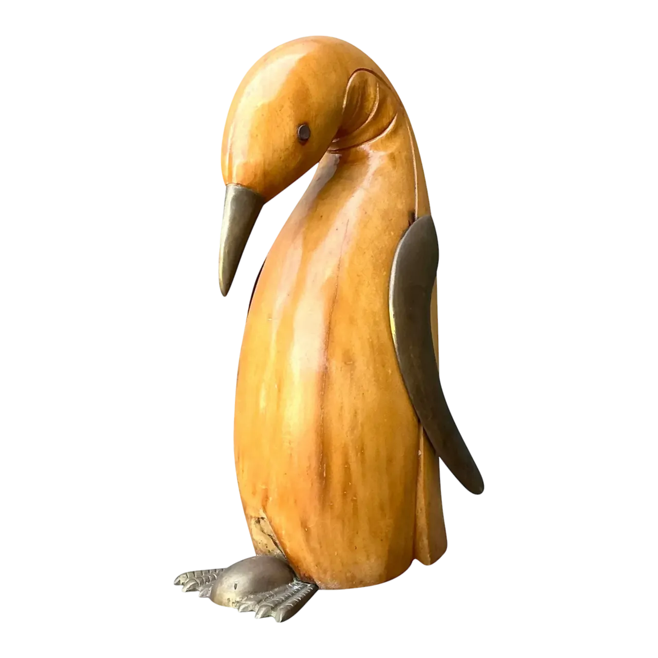 Vintage Carved Wood and Brass Penguin