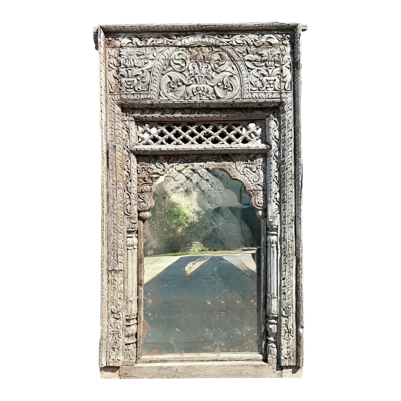 Vintage Carved Wood Distressed Arch Mirror