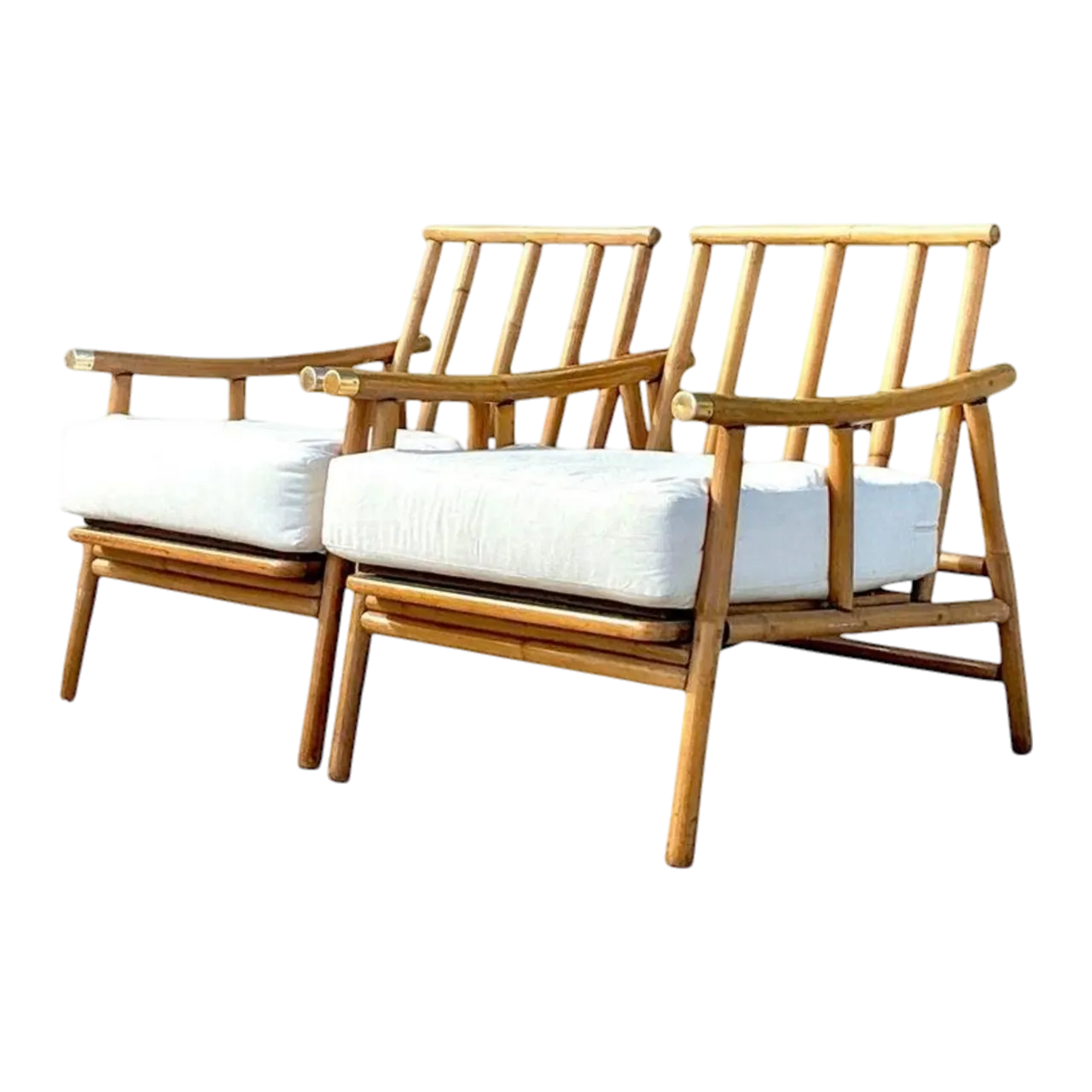 Vintage Coastal Bent Rattan Pagoda Lounge Chairs - A Pair