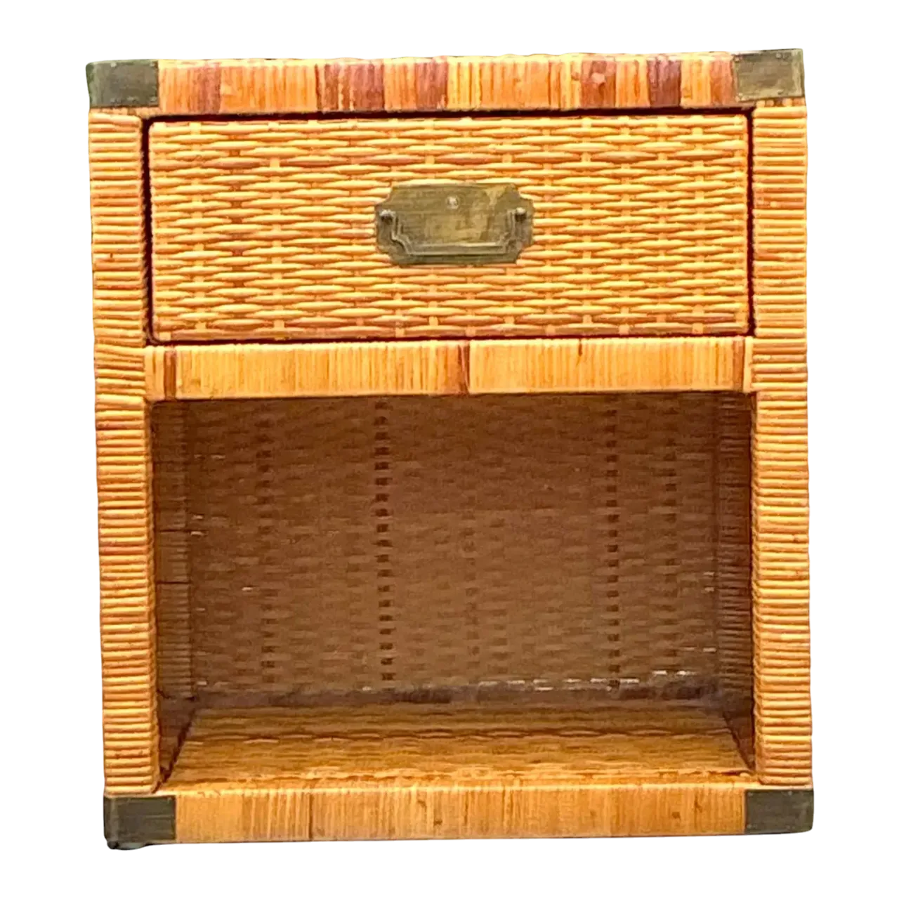 Vintage Coastal Campaign Woven Rattan Nightstand