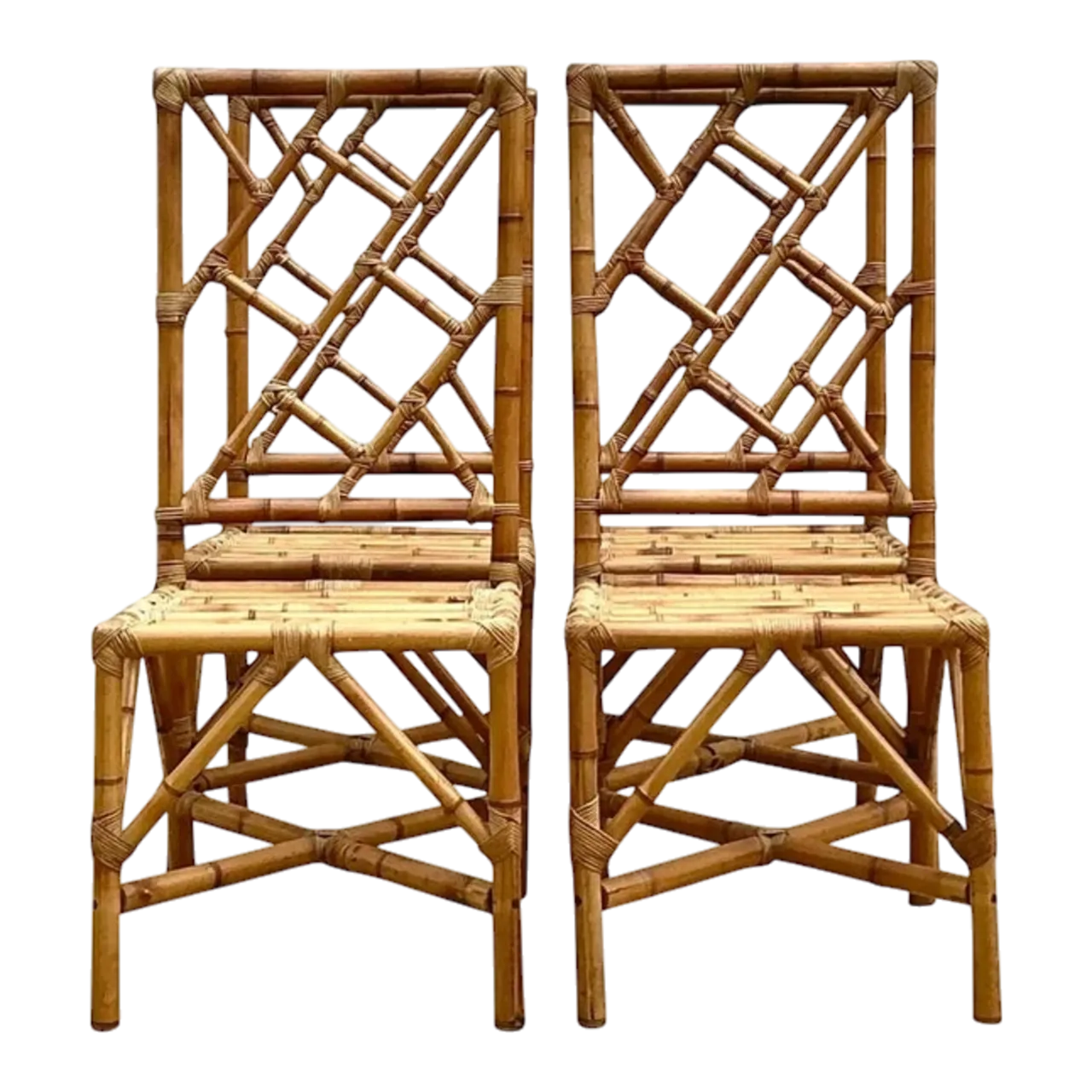 Vintage Coastal Chinese Chippendale Rattan Dining Chairs - Set of 4