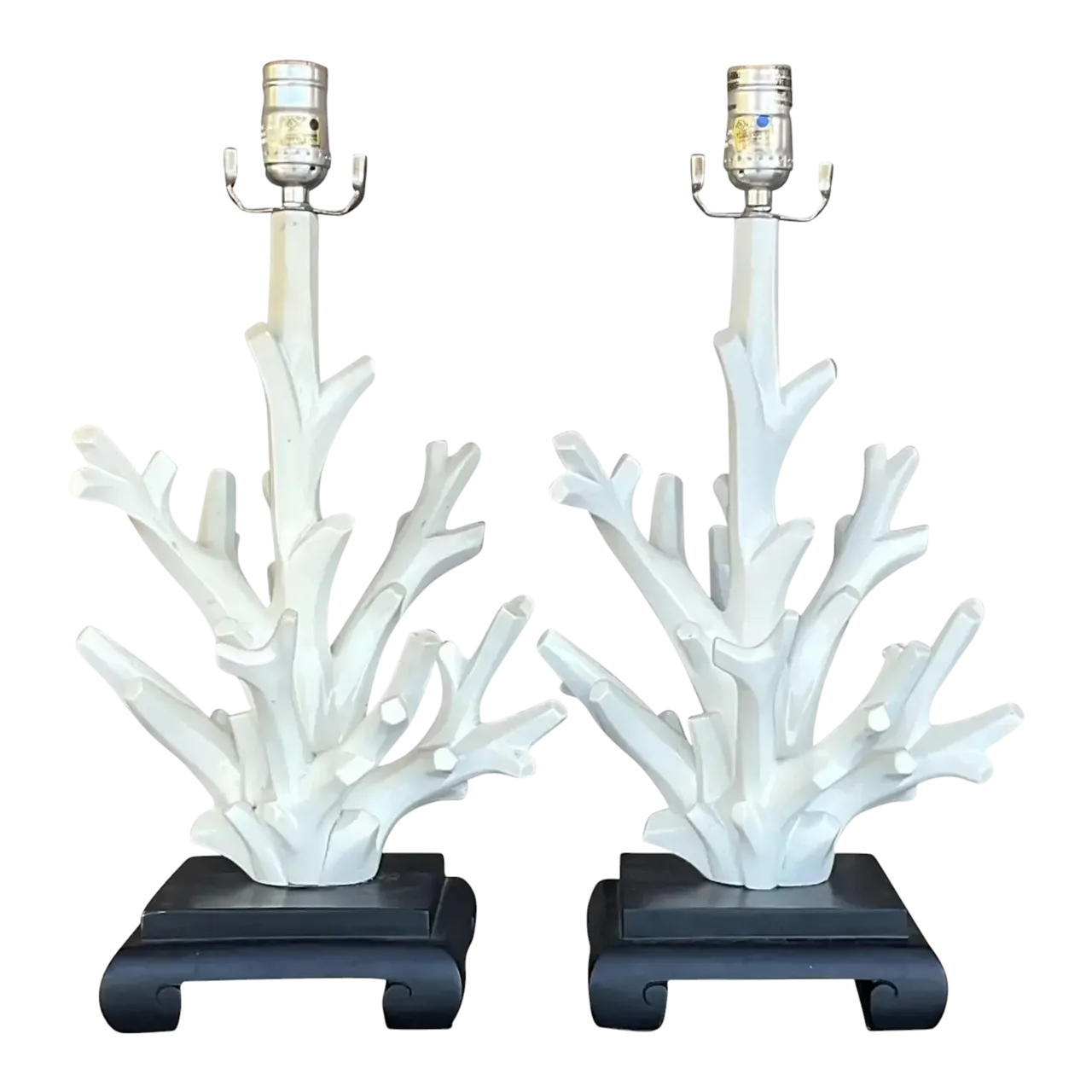 Vintage Coastal Coral Branch Wood Lamps - a Pair