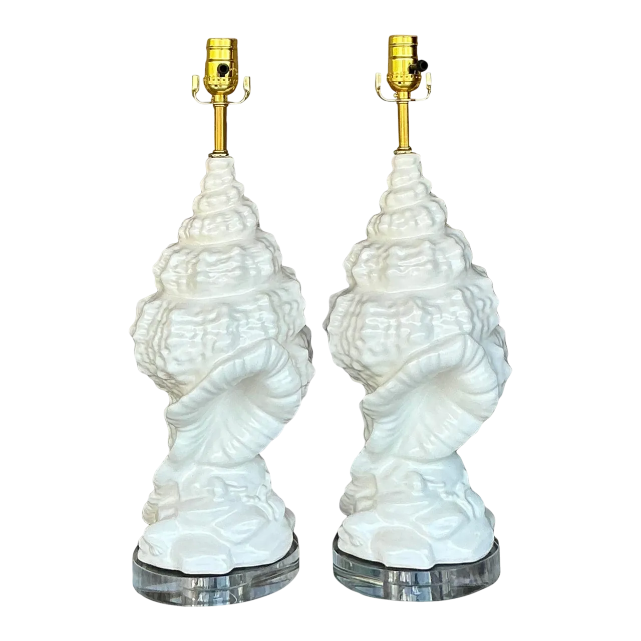 Vintage Coastal Glazed Ceramic Conch Lamps - a Pair