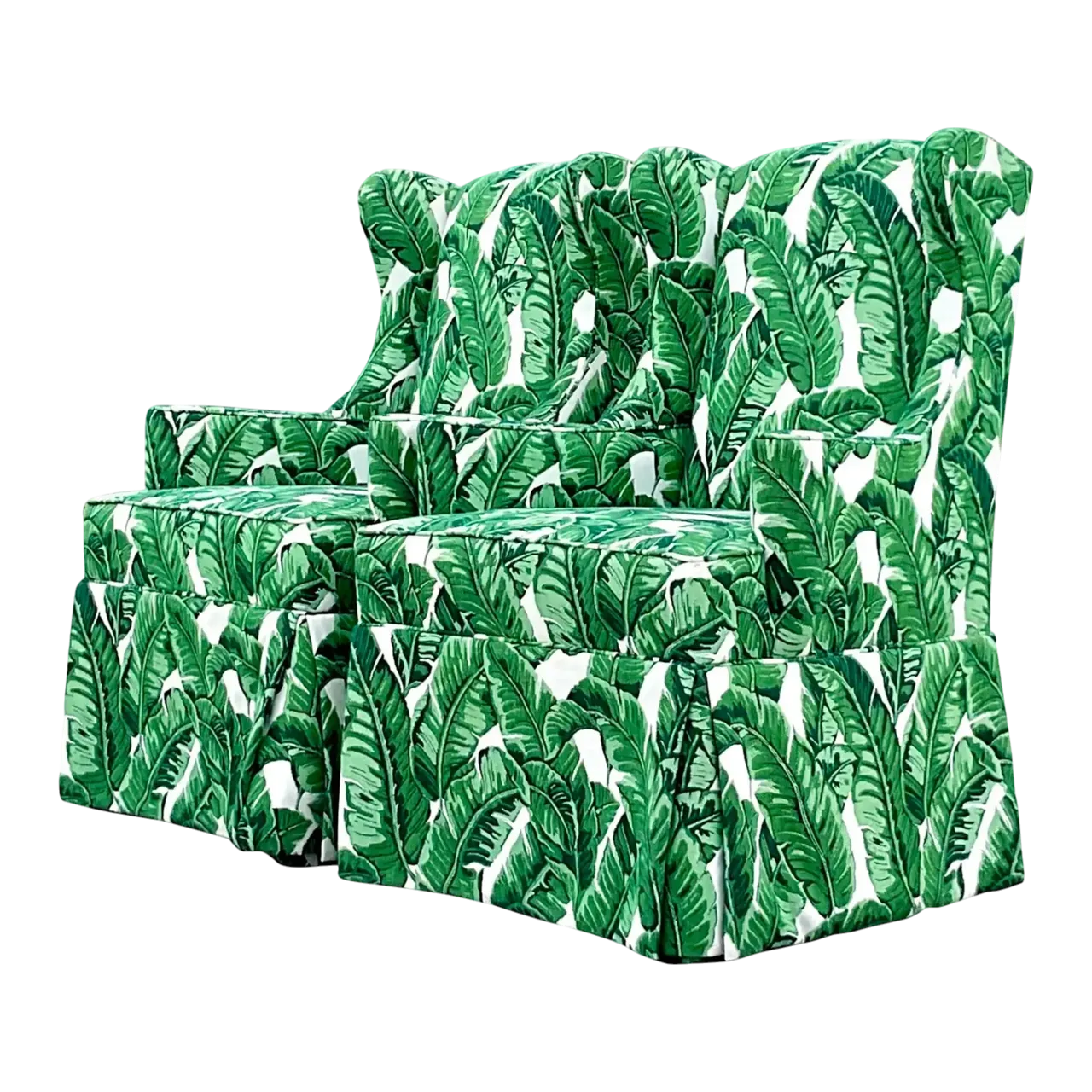 Vintage Coastal Palm Frond Skirted Wingback Chairs - a Pair