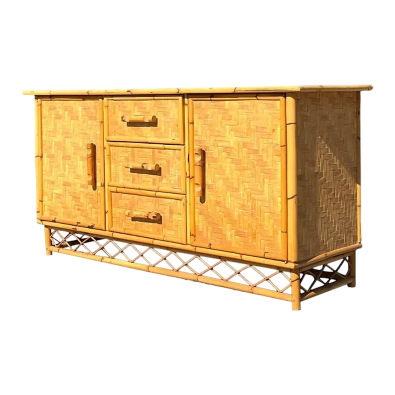 Vintage Coastal Parquet Rattan Credenza
