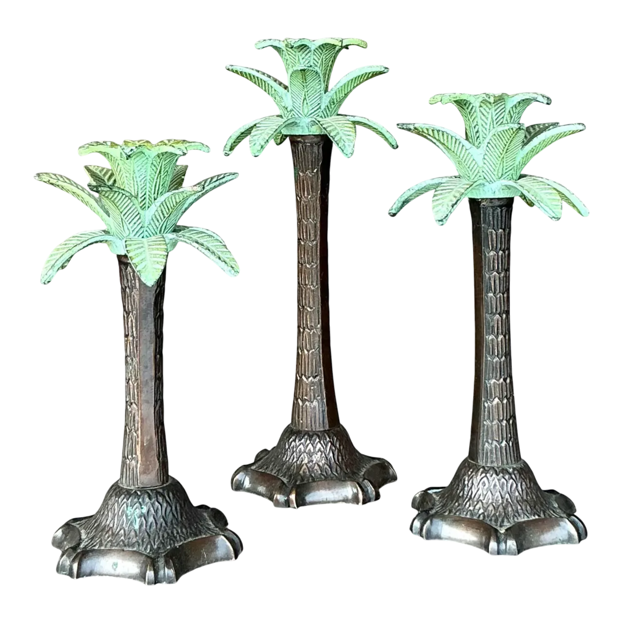 Vintage Coastal Patinated Palm Tree Candlesticks - Set of 3