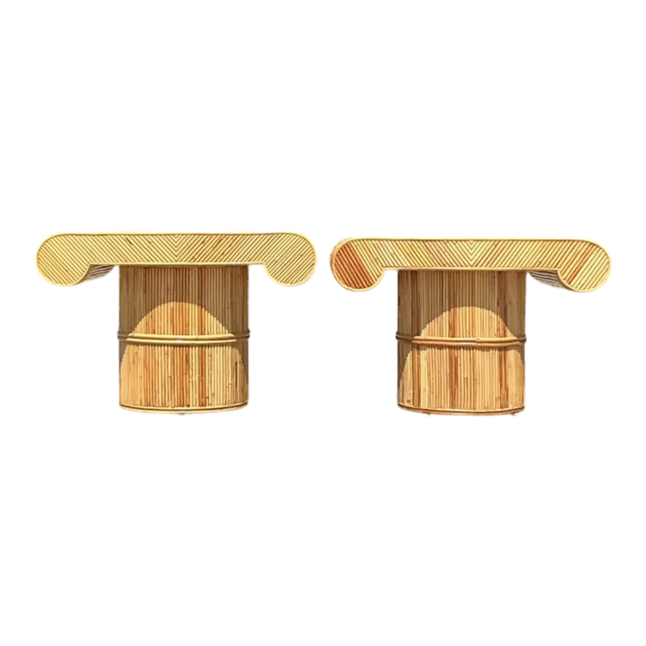 Vintage Coastal Pencil Reed Column Side Tables - A Pair