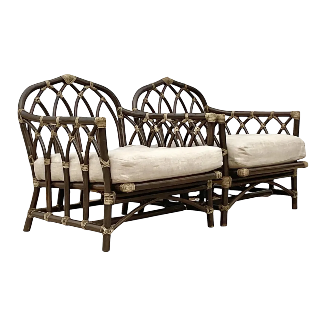 Vintage Coastal Rattan Cathedral Lounge Chairs After McGuire - Set of 2