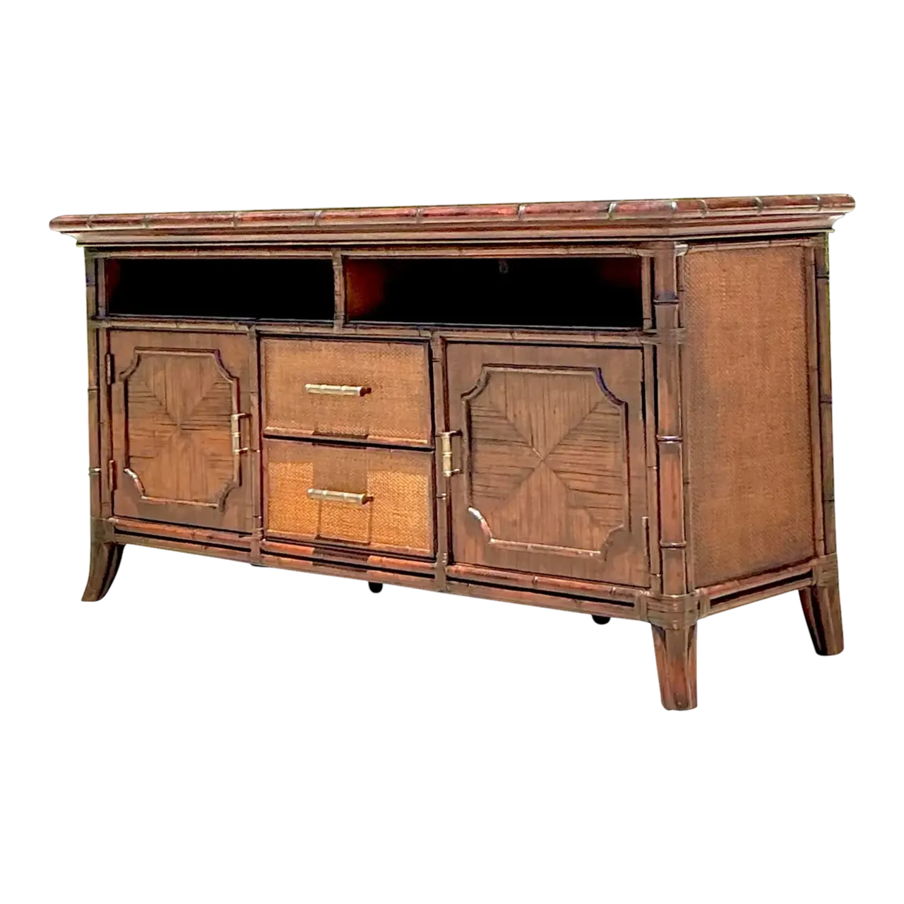 Vintage Coastal Sligh Inset Rattan Credenza