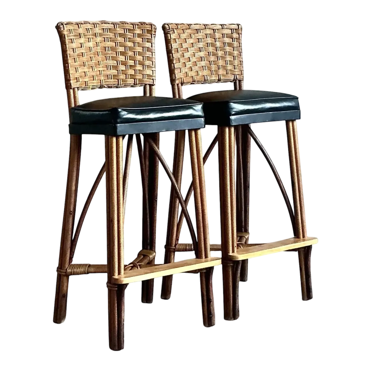 Vintage Coastal Woven Rattan Bar Stools - A Pair