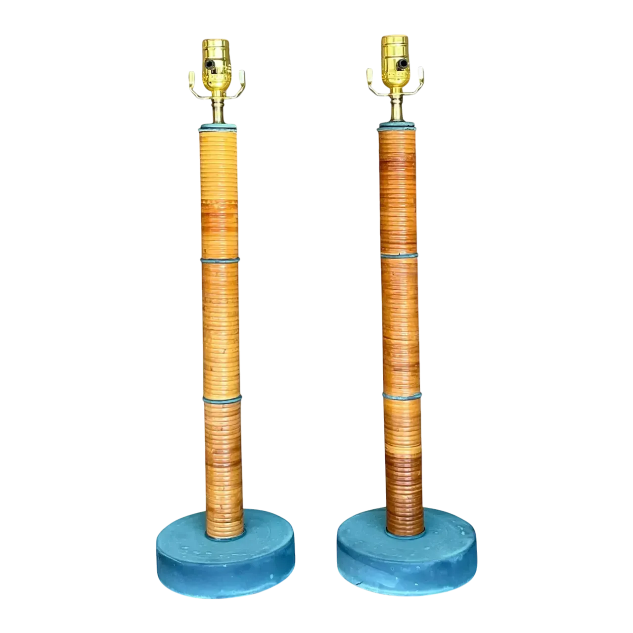 Vintage Coastal Wrapped Pencil Reed Column Lamps - a Pair