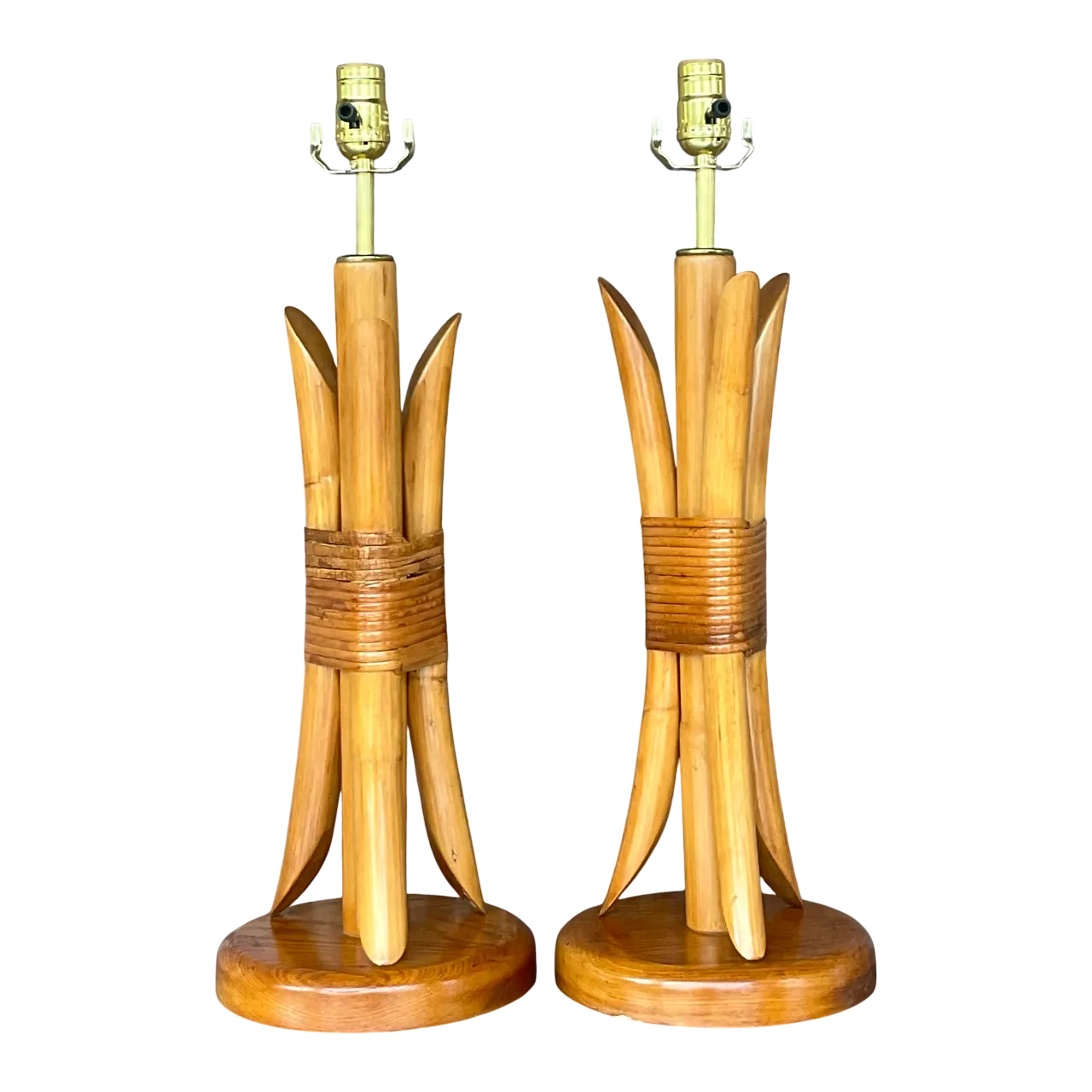 Vintage Coastal Wrapped Rattan Table Lamps- a Pair