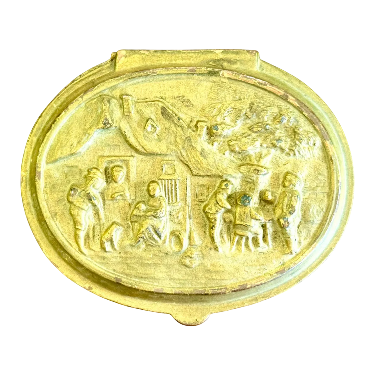 Vintage Embossed Metal Trinket Box With Festive Village Scene