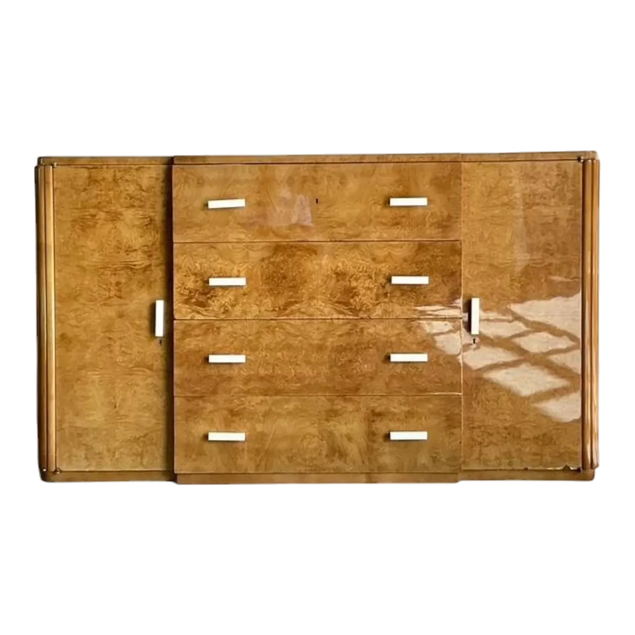 Vintage French Deco Burl Wood Credenza With Bone Handles