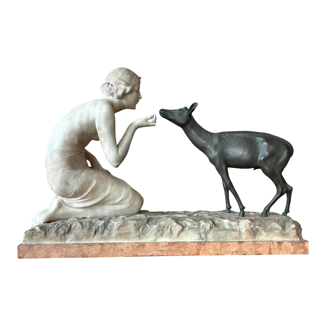 Vintage French Deco R. Ponti “Femme a La Biche” Carved Stone and Bronze Sculpture