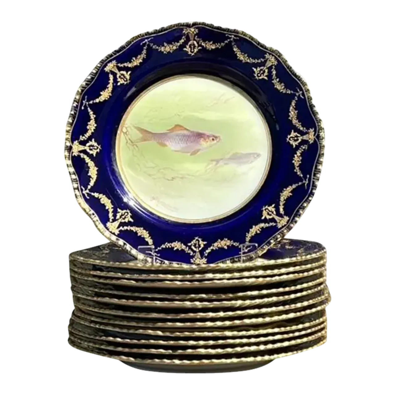 Vintage Gilt Tipped Doulton Burslem Fish Plates - Set of 12