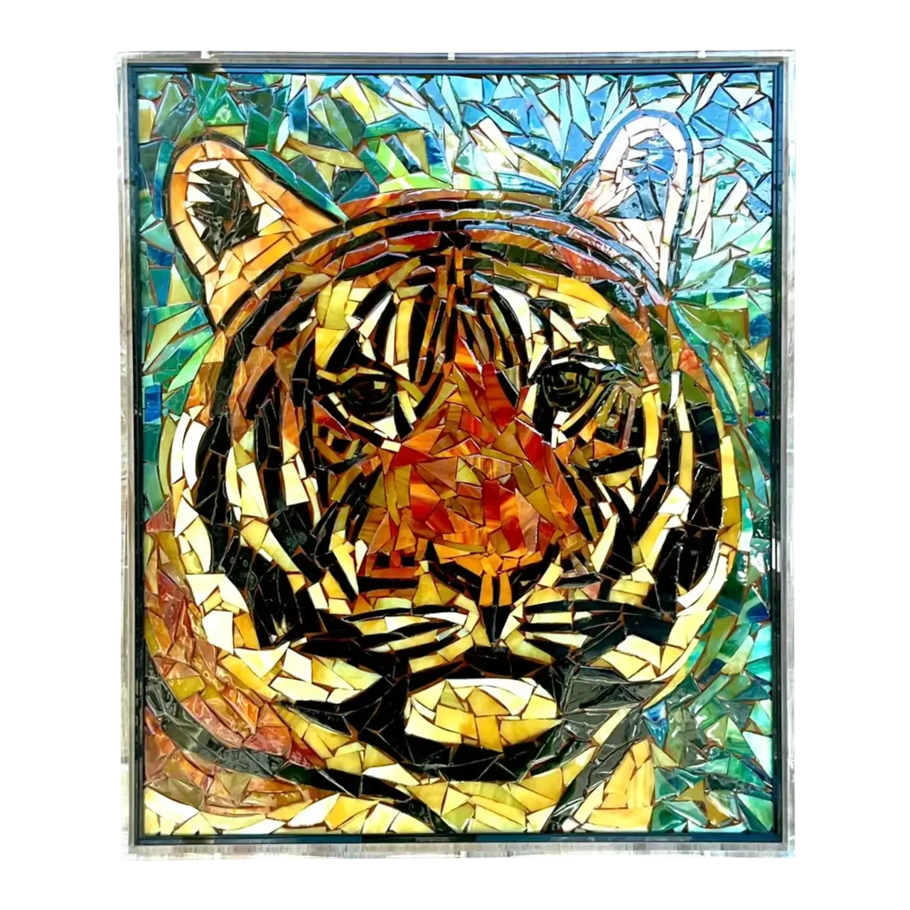 Vintage Glass Mosaic of Tiger in Lucite Box Wall Sculpture