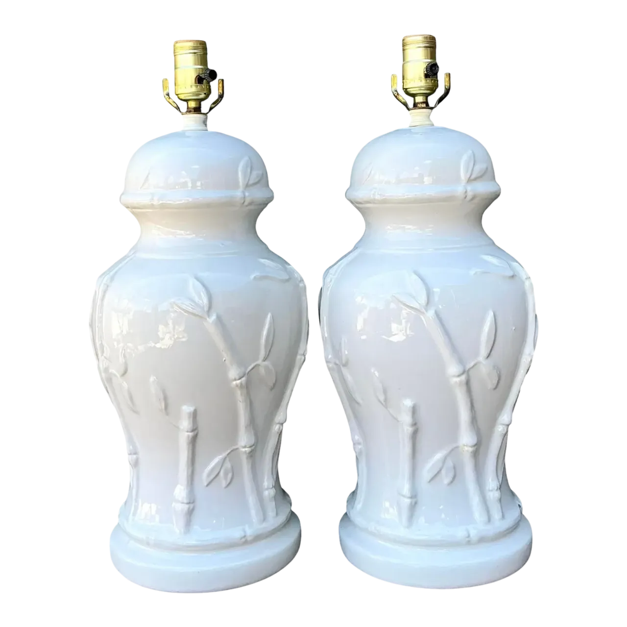 Vintage Glazed Ceramic Bamboo Lamps - A Pair