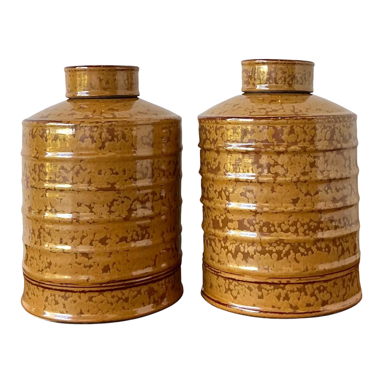 Vintage Glazed Ceramic Ribbed Lidded Urns - A Pair