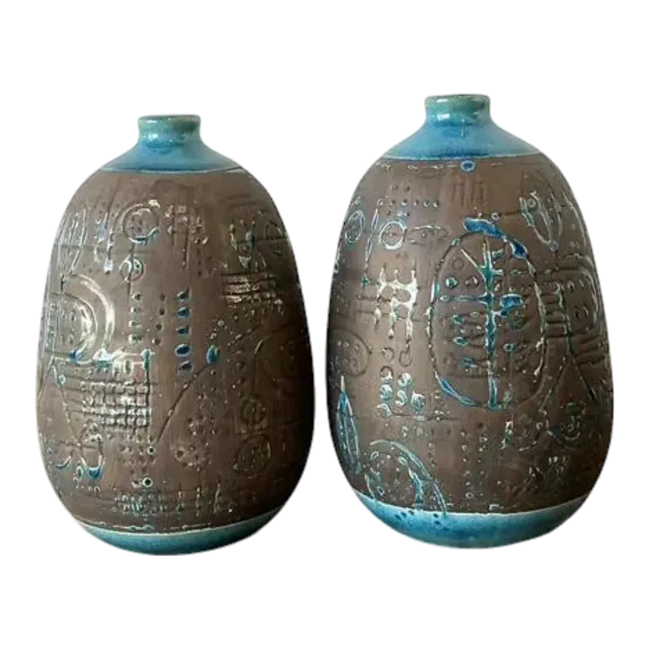 Vintage Glazed Ceramic Scored Vases - A Pair
