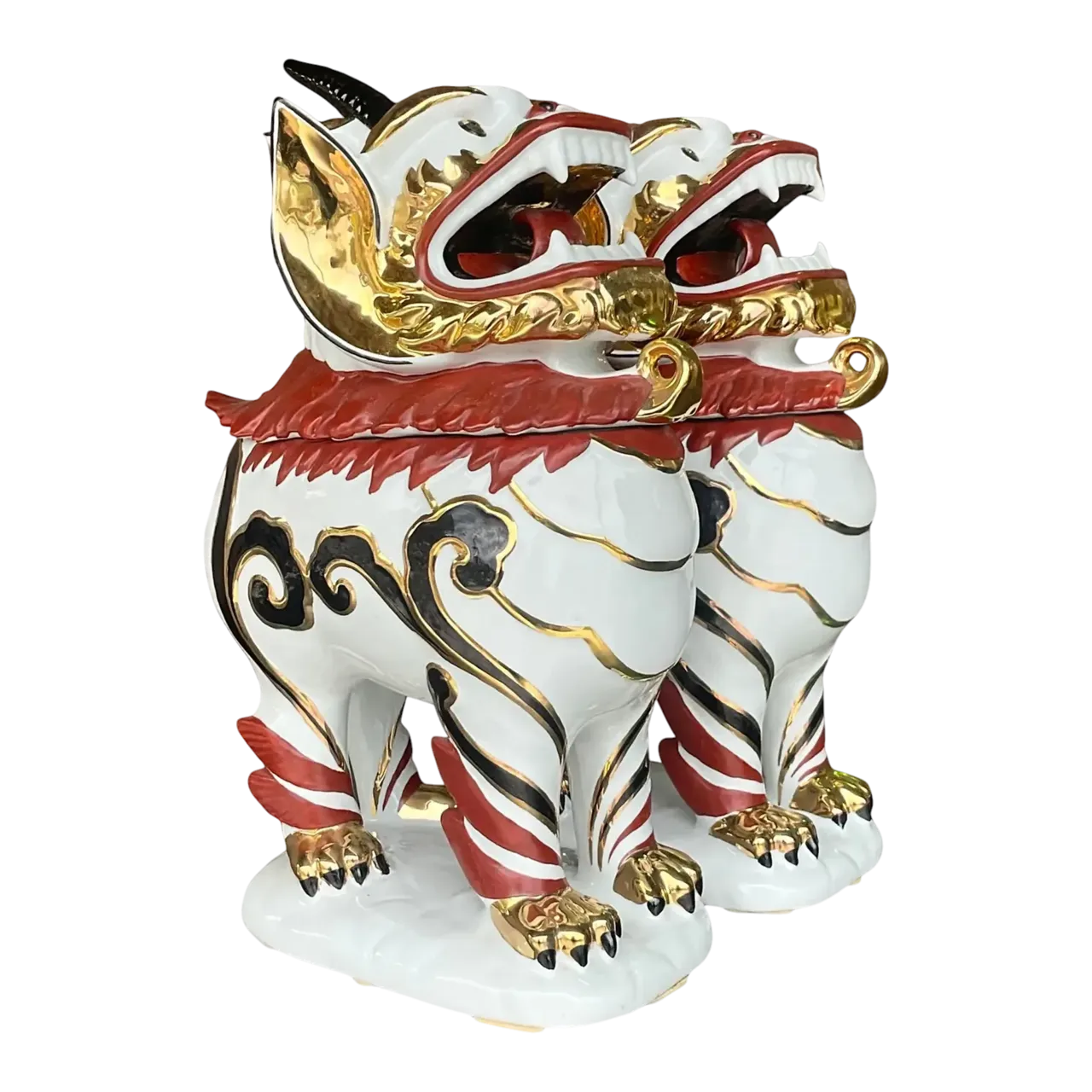 Vintage Italian Gilt Tipped Lidded Porcelain Foo Dogs - a Pair