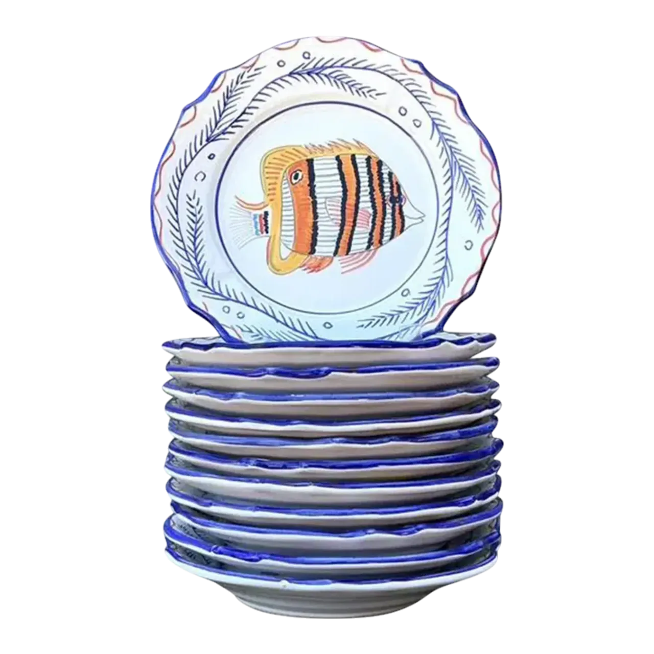 Vintage Italian Hand Painted Fish Plates - Set of 12