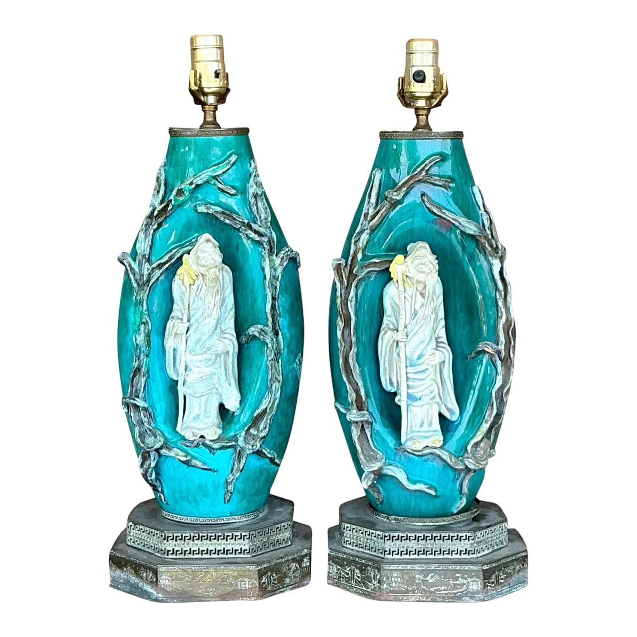 Vintage Italian Marcelo Fantoni Glazed Ceramic Character Lamps - A Pair