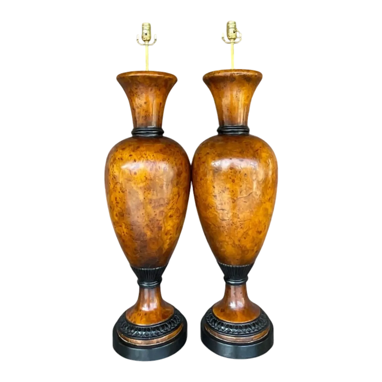 Vintage Late 20th Century Boho Burl Wood Urn Lamps - a Pair