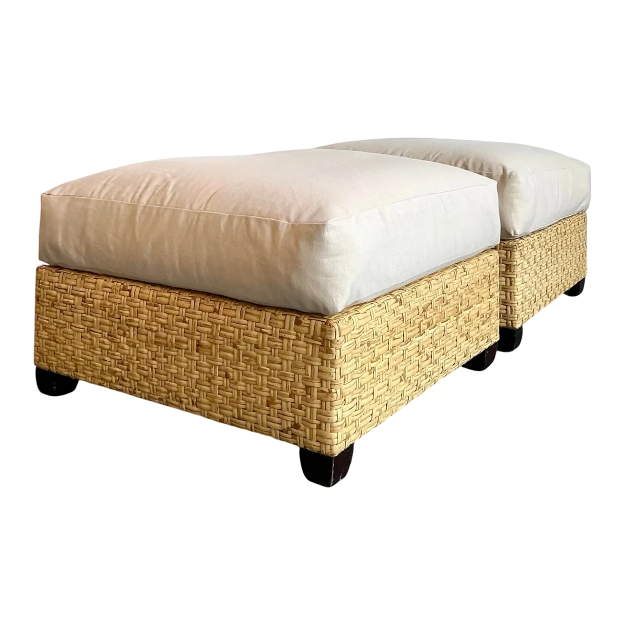 Vintage McGuire Woven Rattan Ottomans - A Pair