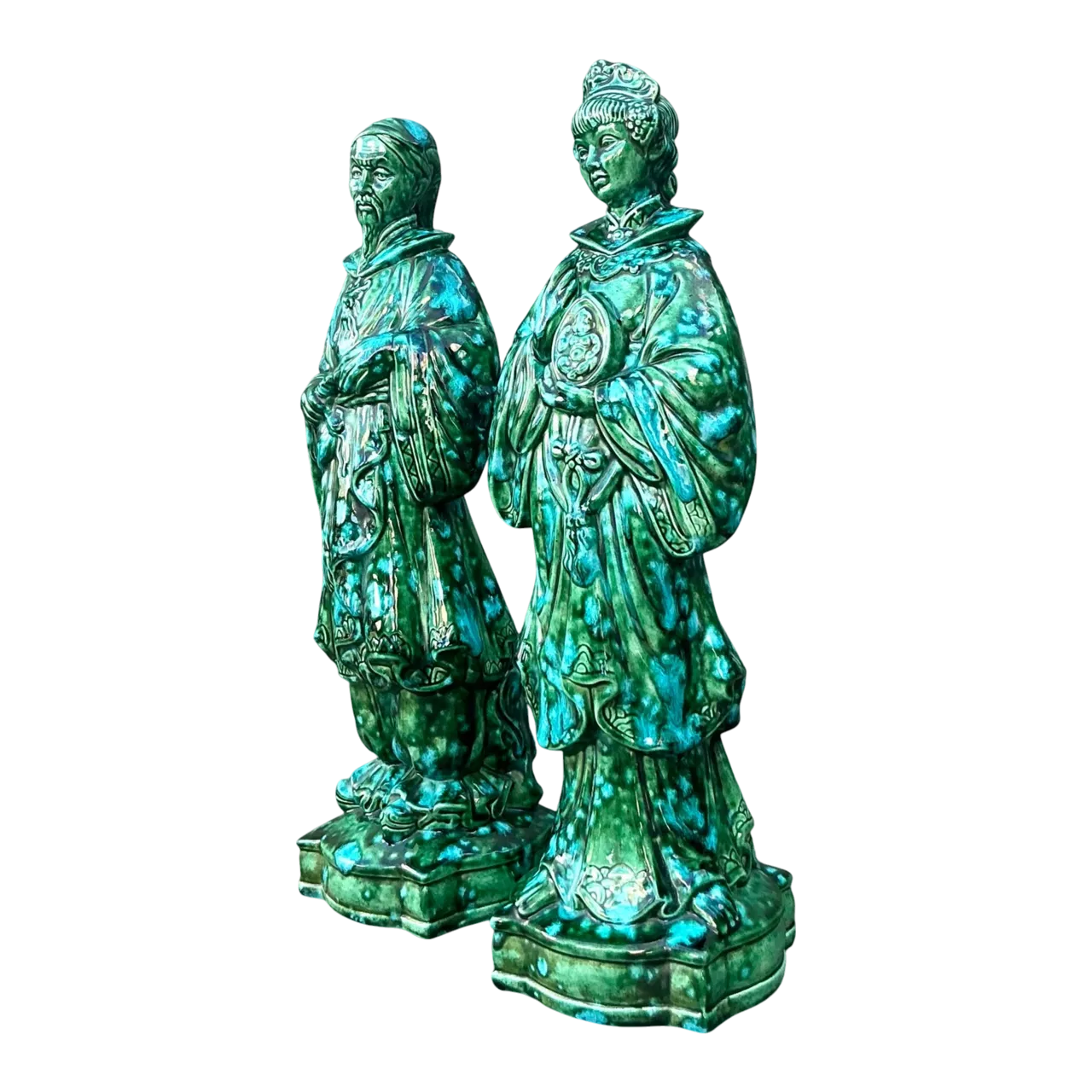 Vintage MCM Glazed Ceramic Chinoiserie Figures - Set of 2