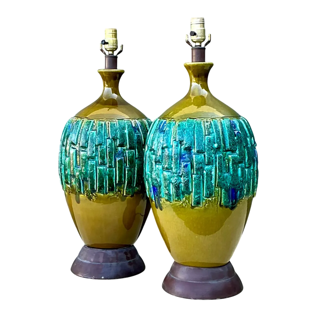 Vintage MCM Glazed Ceramic Lamps - A Pair - Brass, 9.5W x 24.75H