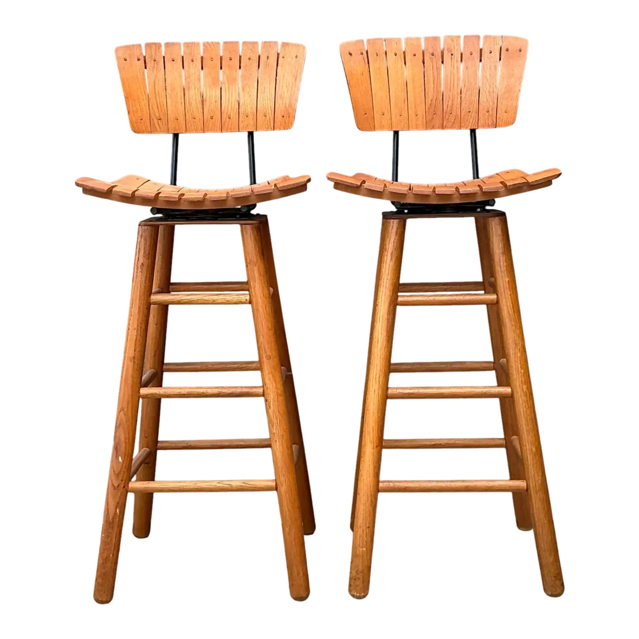Vintage MCM Slat Swivel Bar Stools After Arthur Umanoff
