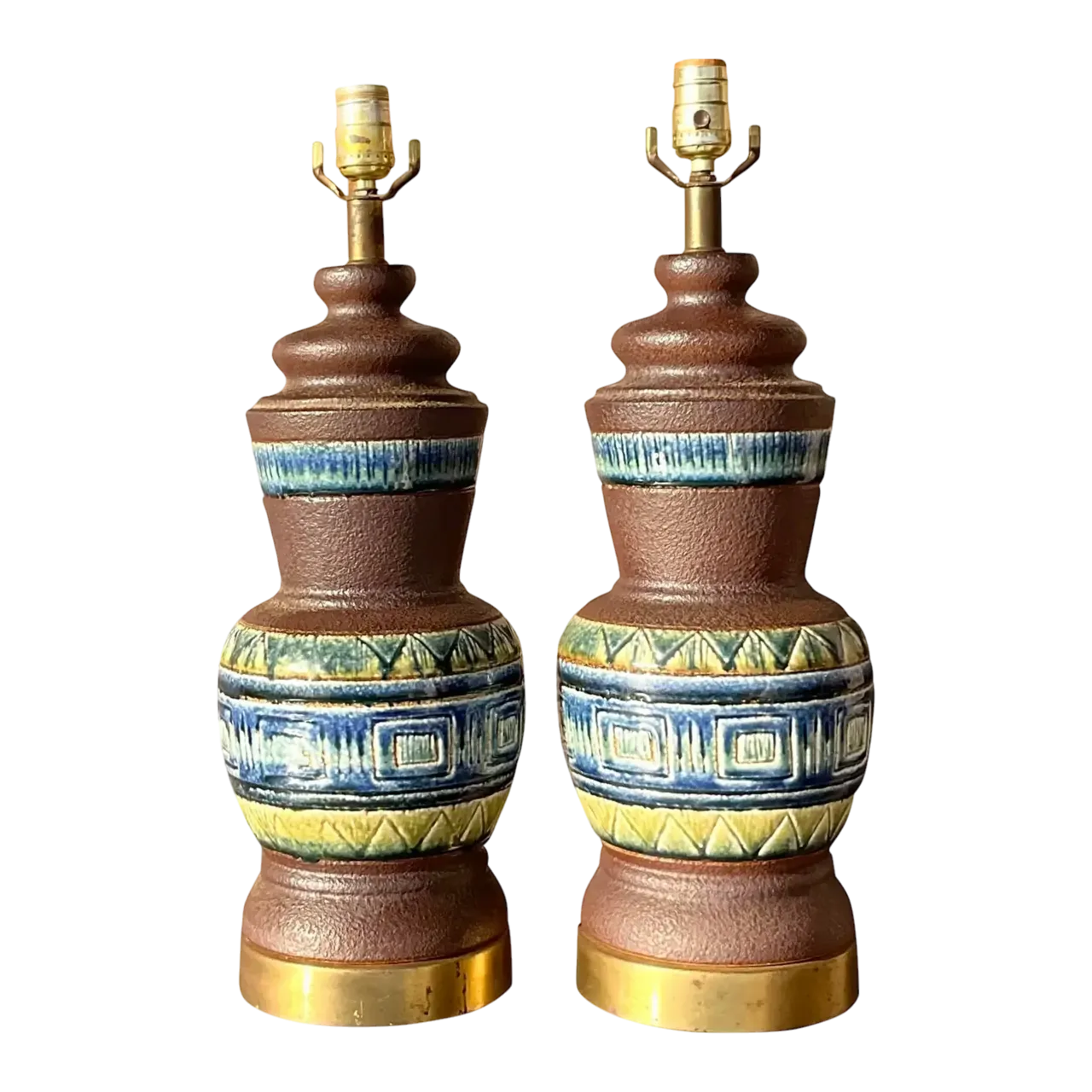 Vintage Mid 20th Century Glazed Ceramic Band Table Lamps - a Pair