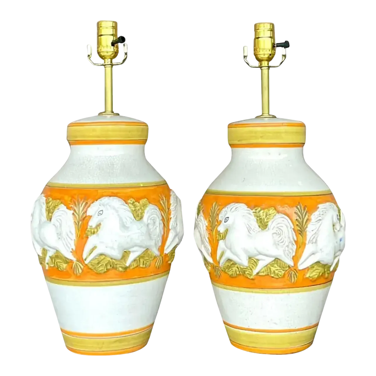 Vintage Mid-Century Modern Glazed Ceramic Prancing Horse Lamps - a Pair