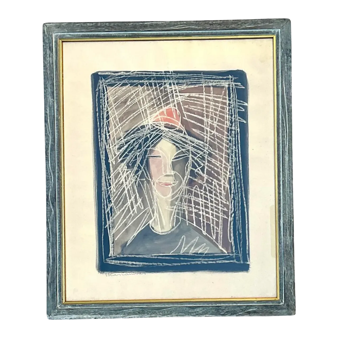 Vintage Mixed Media Portrait on Paper - Glass, 23.25W x 28H