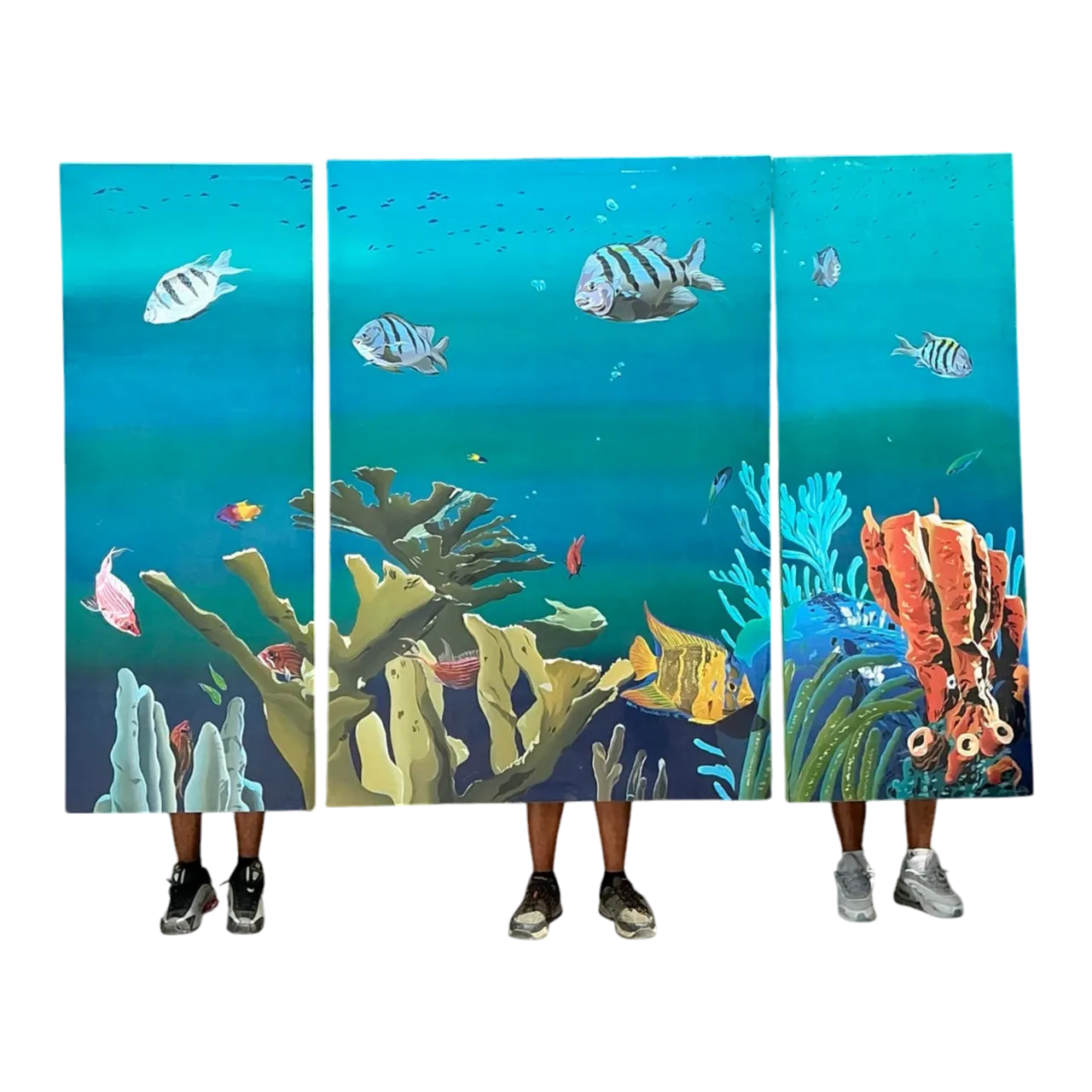 Vintage Monumental Paul Youngblood Original Undersea Oil Tryptic on Canvas