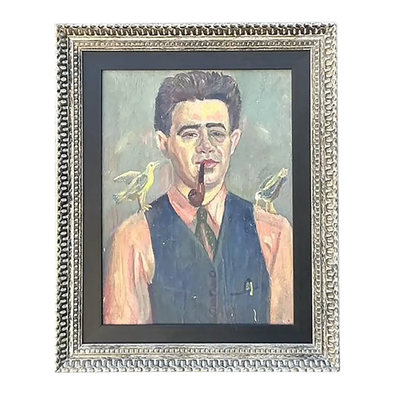 Vintage Original Oil Portrait of Man With Birds