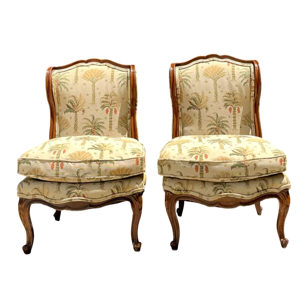 Vintage Palm Print Fabric Slipper Chairs - Pair
