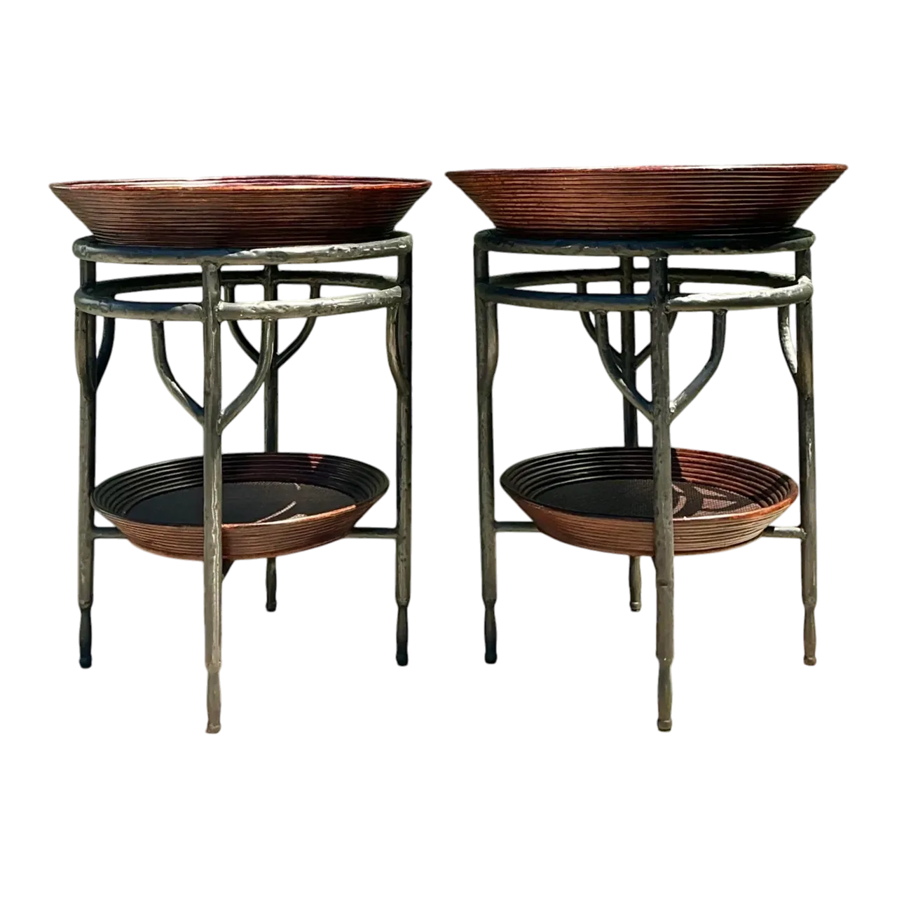 Vintage Pencil Reed Bowl Side Tables - A Pair