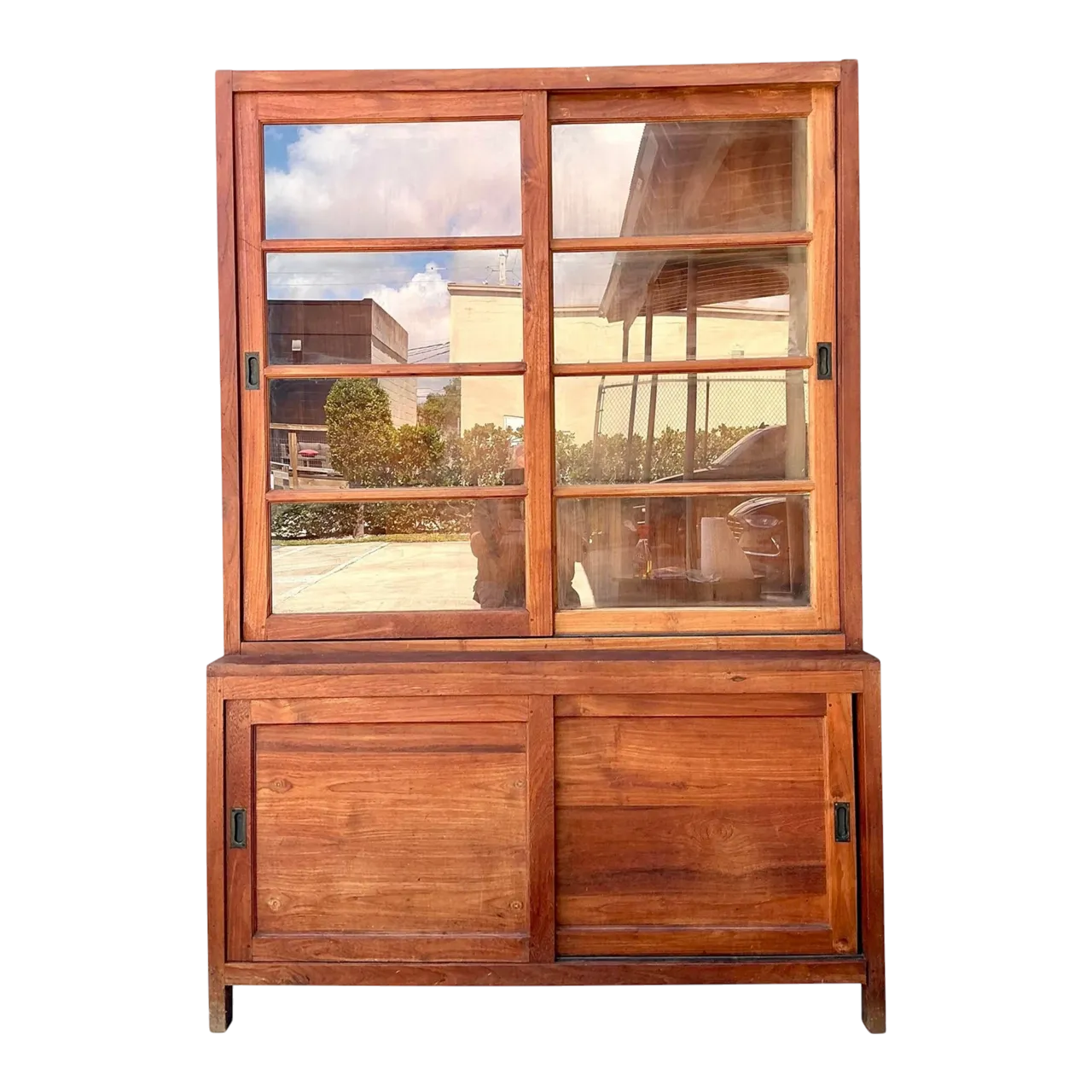 Vintage Primitive Teak Sliding Door Cabinet