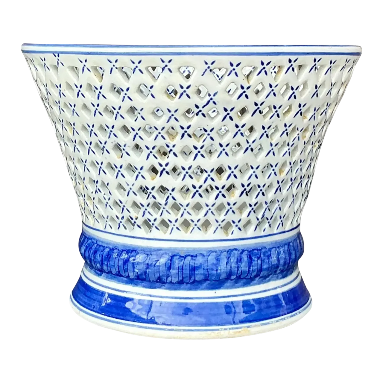 Vintage Regency Blue and White Trellis Cache Pot