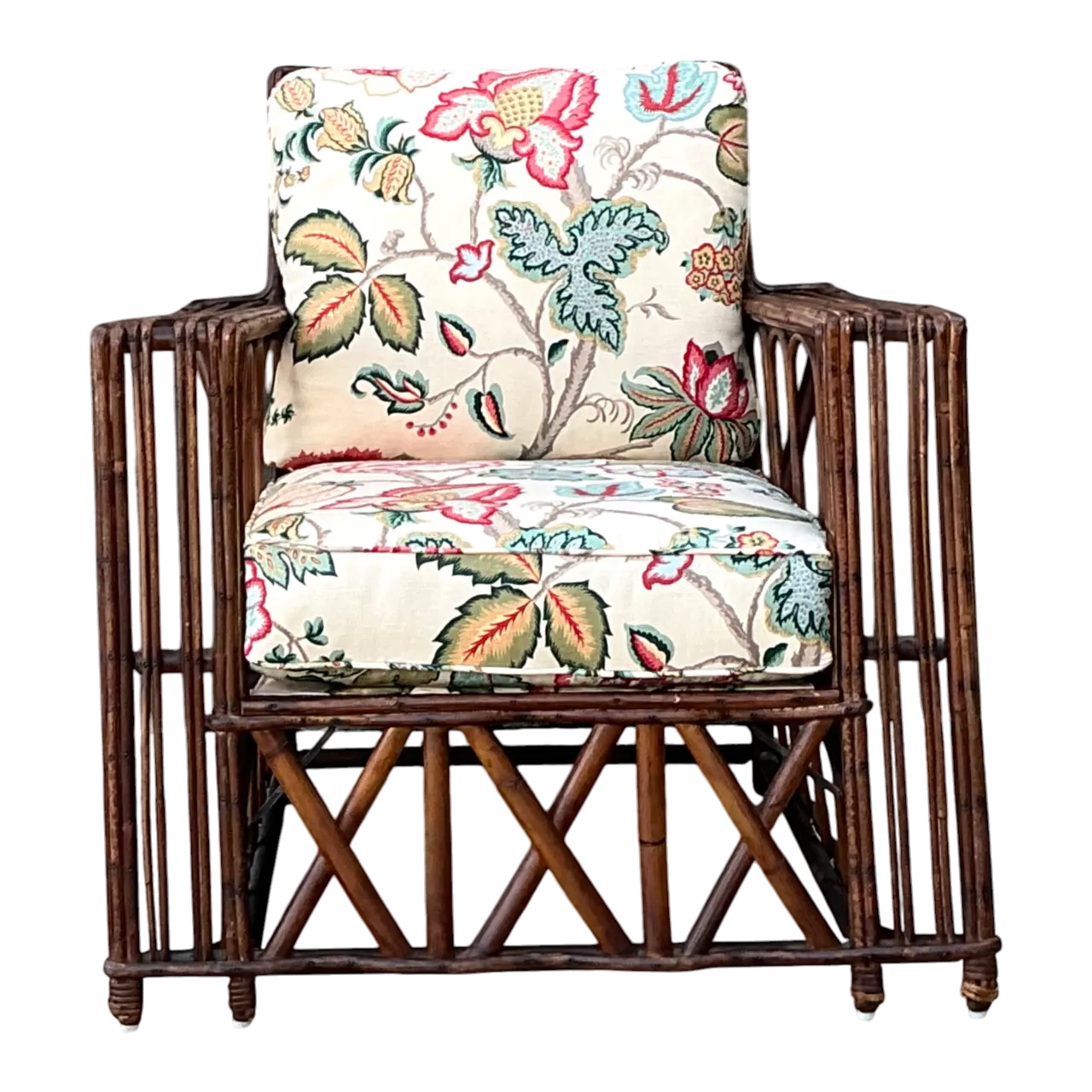 Vintage Stick Rattan Lounge Chair In Vintage Schumacher Paisley