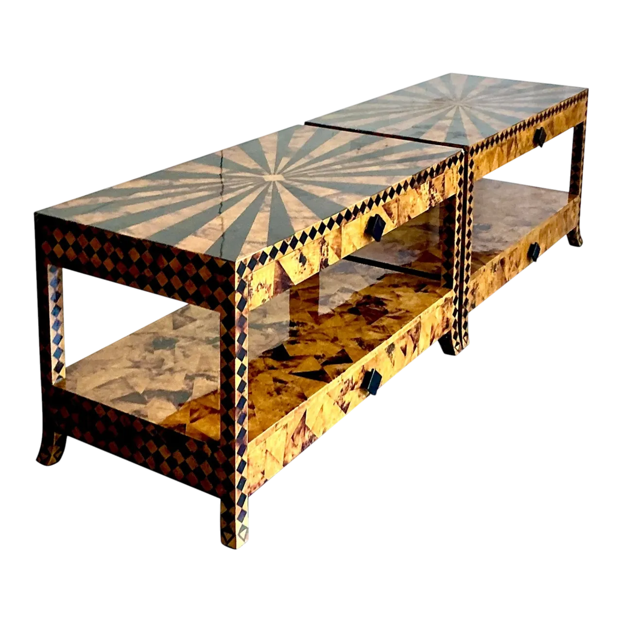 Vintage Tessellated Coconut Shell and Penshell Starburst Side Tables - a Pair