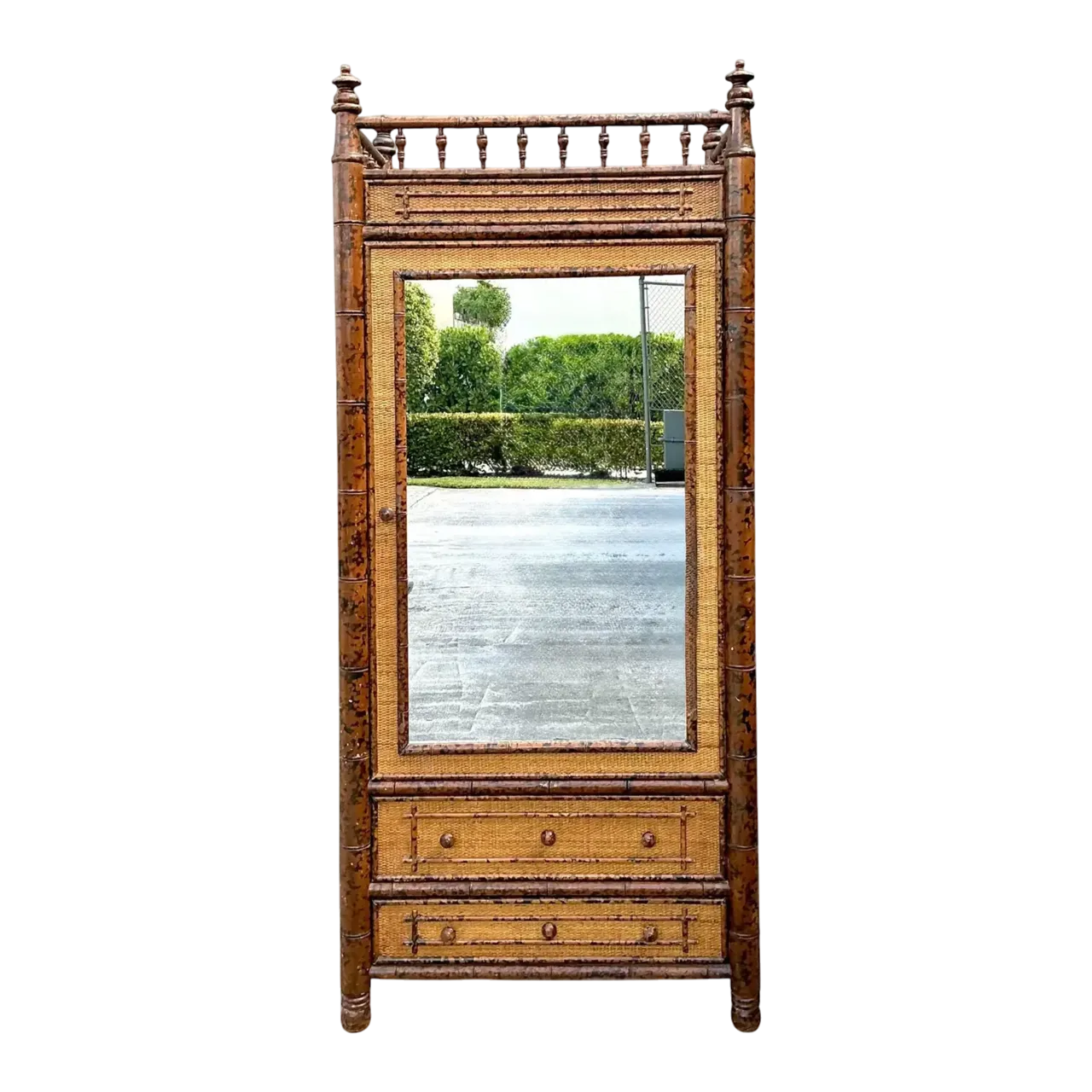 Vintage Tortoise Bamboo Mirror Front Armoire