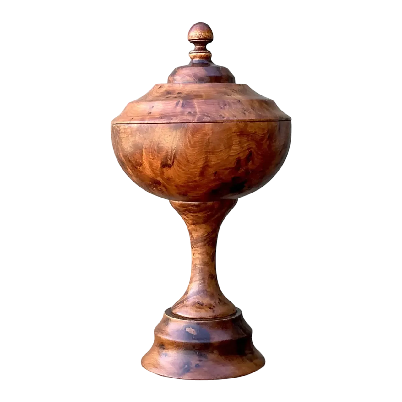Vintage Turned Burl Wood Lidded Bowl on Pedestal