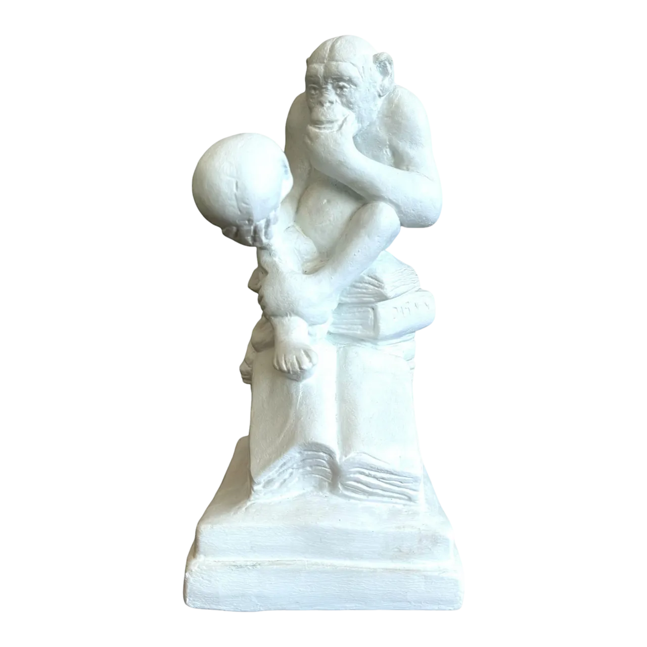 Vintage White Plaster Monkey Philosopher Statue